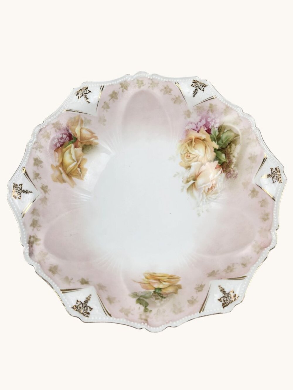 VTG RS Prussia Bowl Yellow Roses Gold Rim Signed Porcelain Germany 11" Spring